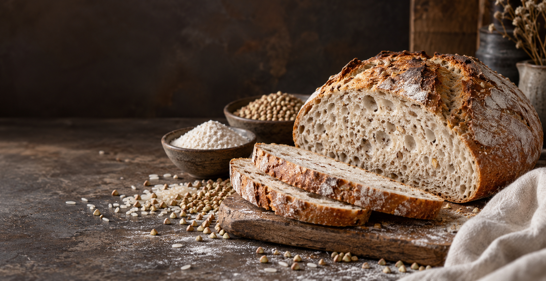 A beautiful sliced gluten-free artisan loaf showing an authentic soft crumb, rice flour and buckwheat grains on a refined bakery development bench